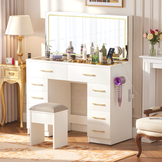 Sunvega White Glass Top Vanity Desk with 10 Drawers and Lighted Mirror