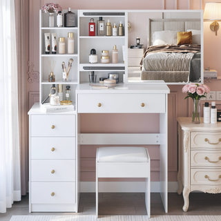 Sunvega 37 Inch Left Bedside Cabinet Vanity Table with Cushioned Stool and Sliding Mirror