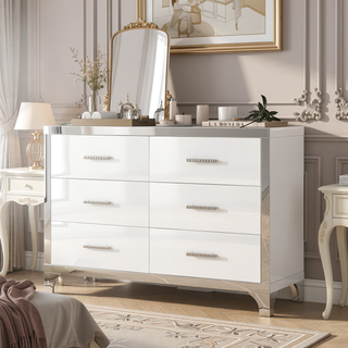 Sunvega High Gloss White Dresser with 6 Drawers and Metal Handle for Bedroom
