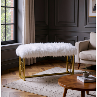 Sunvega Gold Finish Metal Base Armless Backless Lounge Bench with White Faux Fur