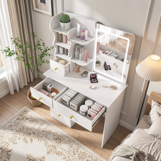 Sunvega 7-Drawer Vanity Desk with LED Mirror Jewelry Storage and PU Stool