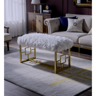 Sunvega Gold Finish Metal Base Armless Backless Lounge Bench with White Faux Fur