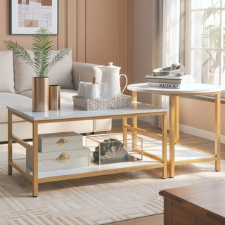 Sunvega Faux Marble and Gold Steel Frame 2-Tier Storage Coffee Table Set of 2