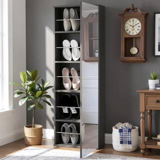 Sunvega Wall Mounted Shoe Rack With Mirror Door And Black Wengue Finish