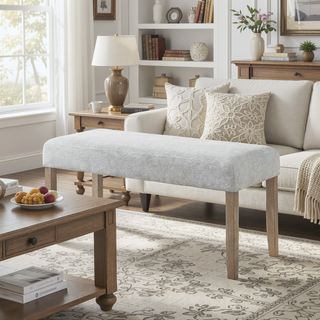 Sunvega Light Gray Fabric Dining Bench with Rubberwood Frame for 2 Seating