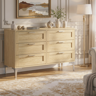 Sunvega 6 Drawer Wood Dresser with Polished Silver Legs and Light Oak Veneer