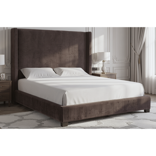 Sunvega Queen Upholstered Pleated Bed in a Box with Sturdy Dark Brown Frame