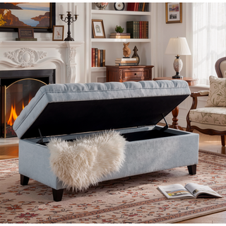 Sunvega Blue Fabric Storage Ottoman with Birch Legs for Living Room Seating