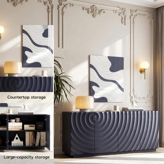 Sunvega Navy Blue 4 Door Buffet Cabinet with 3D Water Ripple Texture for Kitchen