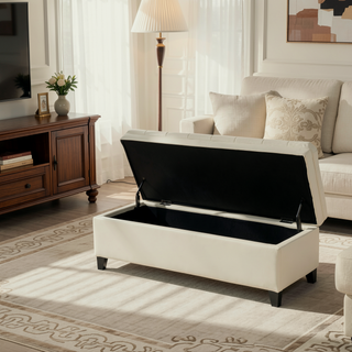 Sunvega Blue Fabric Storage Ottoman with Birch Legs for Living Room Seating