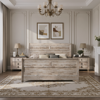 Sunvega Queen Size White Wash Finish Sleigh Bed and Two Nightstands with Antique Walnut Trim
