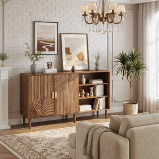 Sunvega Walnut Wood Buffet Cabinet with Line Groove Design and Large Storage Space