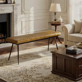 Sunvega Tufted Cushion Side Bench with Padded Goat Leather Upholstery and Tapered Metal Legs
