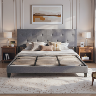 Sunvega King Size Upholstered Platform Bed with Button Tufted Linen Headboard