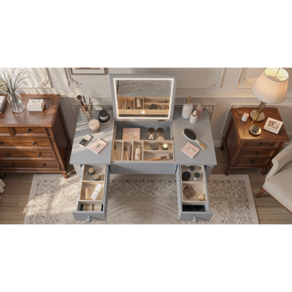 Sunvega 3-Level Adjustable Lighting Flip-Top Mirror Vanity Desk with Storage Drawers
