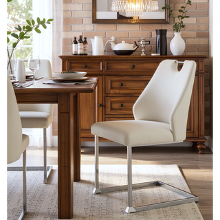 Sunvega White Faux Leather Dining Chairs Set of 2 with Gold Mesh Texture and Chrome Handle