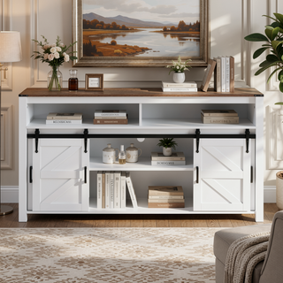 Sunvega Farmhouse Sideboard with Sliding Barn Door Mesh Panels and Open Storage
