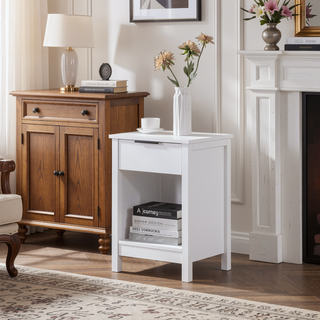 Sunvega White Wooden End Table with Charging Station and 2 Drawers for Bedroom