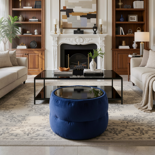 Sunvega Modern Glam Velvet Ottoman with Tempered Glass Top and Button Tufting