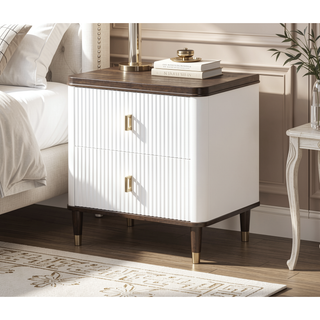 Sunvega White and Walnut Finish Nightstand with USB Port and Drawer