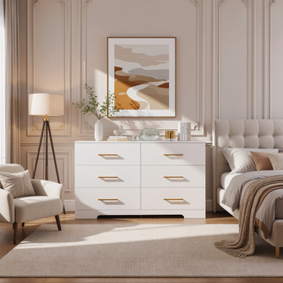 Sunvega White Wooden Six Drawer Cabinet with Golden Handles Large Storage Space