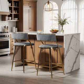 Sunvega Set of 2 Grey Corduroy Bar Stools with Back Golden Chromed Base and Footrest