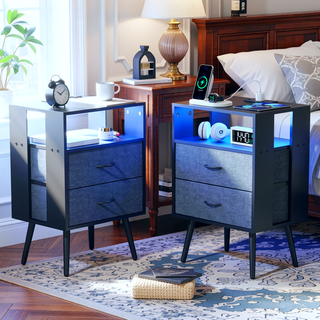 Sunvega Modern Nightstand with Charging Station USB LED Light and Fabric Drawers