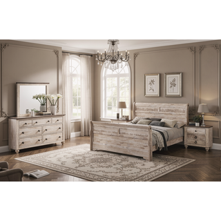 Sunvega White Wash Finish King Sleigh Bed Dresser Mirror Nightstands and Chest