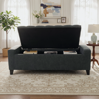Sunvega Dark Blue Tufted Storage Ottoman with Removable Lid for Living Room