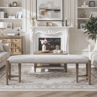 Sunvega Sand Colored Upholstered Bench with Nail Head Trim and Triad Bases