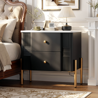 Sunvega Modern Nightstand with 2 Storage Drawers and Golden Metal Handles for Bedroom