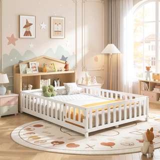 Sunvega Natural Wooden Montessori Floor Bed Frame with Fence and Door for Kids