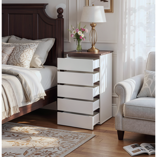 Sunvega Modern 5 Drawer Dresser with White & Walnut Finish for Bedroom
