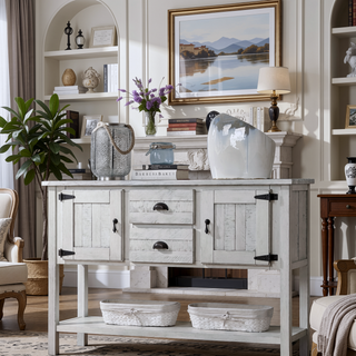 Sunvega Retro Style Solid Pine Wood Sideboard Console Table with 2 Drawers and Cabinets