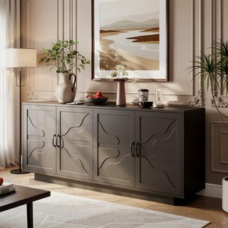 Sunvega Farmhouse Sideboard Buffet Cabinet with XL Storage and Built-In Stemware Rack