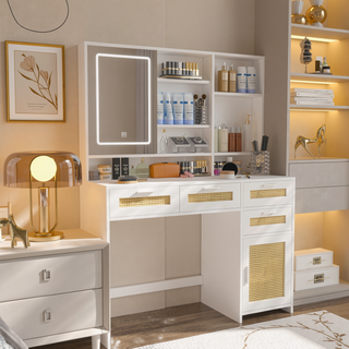 Sunvega Makeup Vanity with 3 Color Lights Openable Mirror 4 Drawers Rattan Dresser