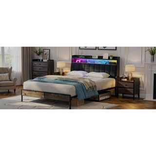 Sunvega Full Bed Frame with Ergonomic Headboard Multi-Space Storage and RGB LED Lights