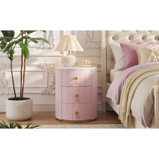 Sunvega Upholstered Round Nightstand with 3 Drawers and Marbling Top