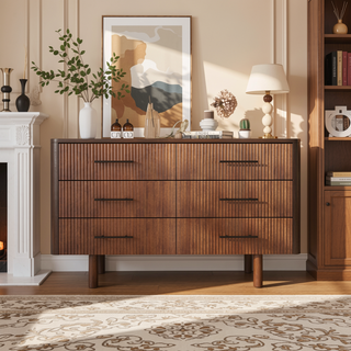 Sunvega Mid Century Modern Walnut Dresser with 6 Spacious Solid Wood Drawers
