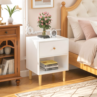 Sunvega White Wooden Nightstand with One Drawer and Shelf for Kids and Adults