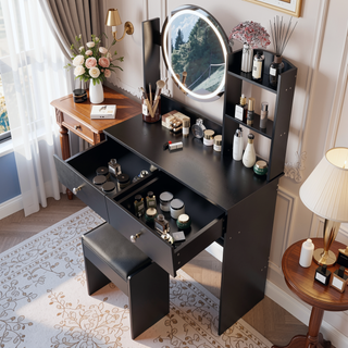 Sunvega 17 Inch Round LED Vanity Mirror Table with Stool Set Touch Switch 3 Colors