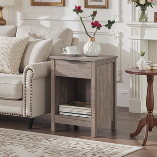Sunvega White Wooden End Table with Charging Station and 2 Drawers for Bedroom