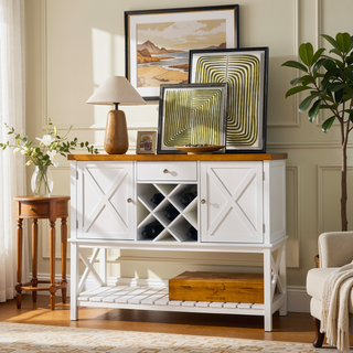 Sunvega Farmhouse Bar Cabinet Console Table with Wine Rack Storage Shelf and Drawer