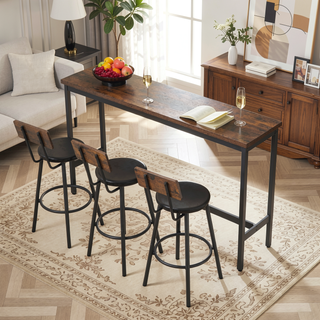 Sunvega 63 Inch Long Industrial Bar Table Set with 3 PU Upholstered Stools