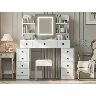 Sunvega White Makeup Vanity Desk with Sliding Mirror Dimmable Lights and Charging Station