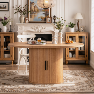 Sunvega Modern Oval Dining Table with 2-Layer Storage Shelf and Wood Slide Door