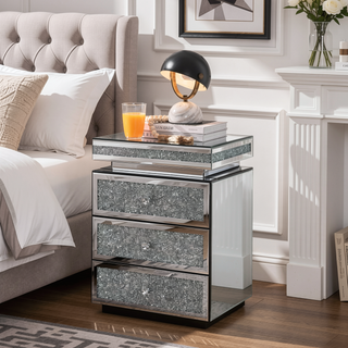 Sunvega Mirrored Nightstand with Crystal Inlay and 3 Spacious Drawers for Bedroom
