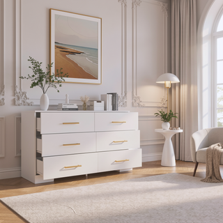 Sunvega White Wooden Six Drawer Cabinet with Golden Handles Large Storage Space
