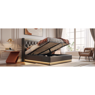 Sunvega Full Size Upholstered Bed with 360 LED Lighting Hydraulic Storage and USB Charging