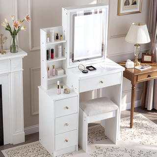Sunvega Small Space Left Bedside Cabinet Vanity Table with Cushioned Stool and Sliding Mirror